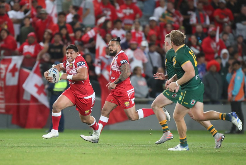 Jason Taumalolo on the charge against Australia in 2019.