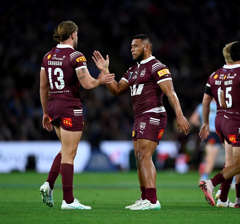 Moeaki Fotuaika with Pat Carrigan featuring for the Queensland Maroons.