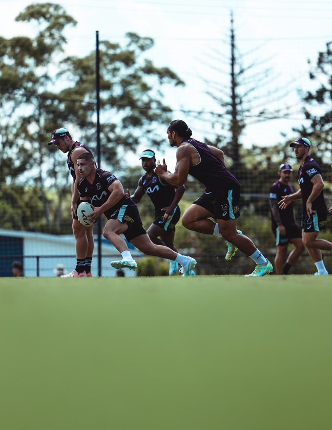 Cory Paix in amongst it at Broncos training.