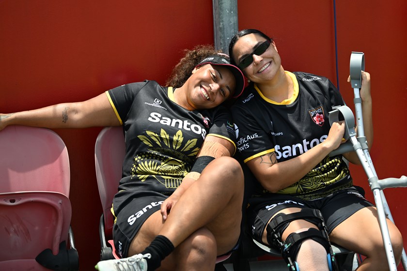 Shellie Long (right) with player Sera Koroi at Santos National Football Stadium.