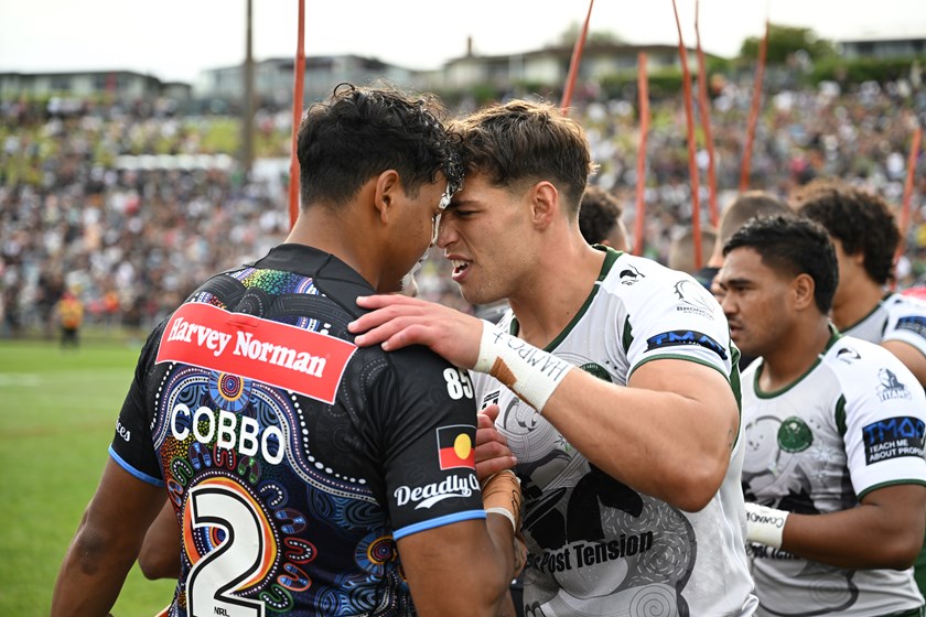 Broncos teammates Jordan Riki and Selwyn Cobbo share a moment at the 2023 All Stars event.