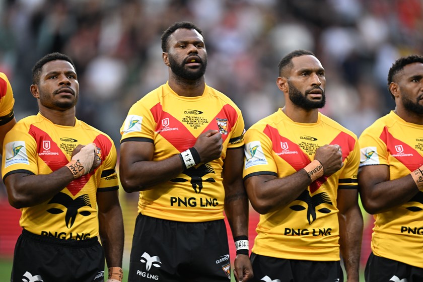 Tai lines up with fellow Kumuls Judah Rimbu and Jeremiah Simbiken before facing New Zealand.