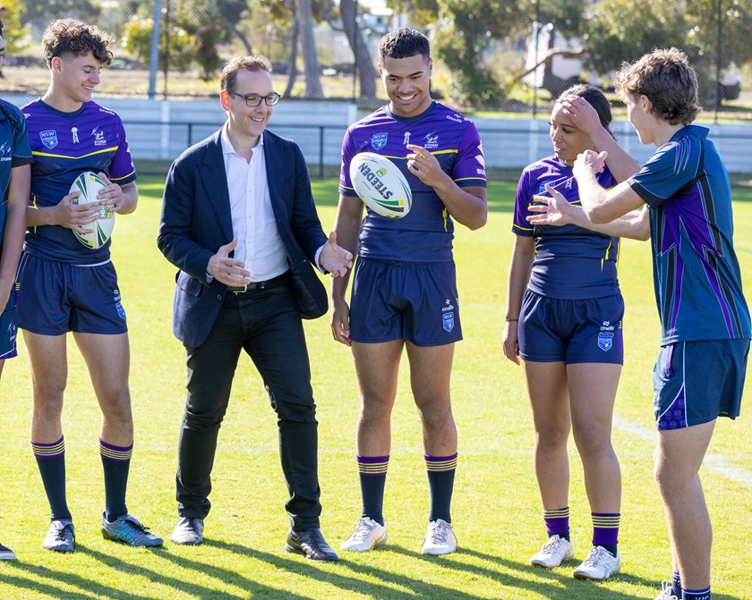 Victorian Minister for Sport, Steve Dimopoulos with Storm Junior Rep players