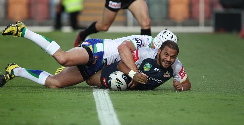 Matt Bowen crosses for one of his 130 career tries for the Cowboys.