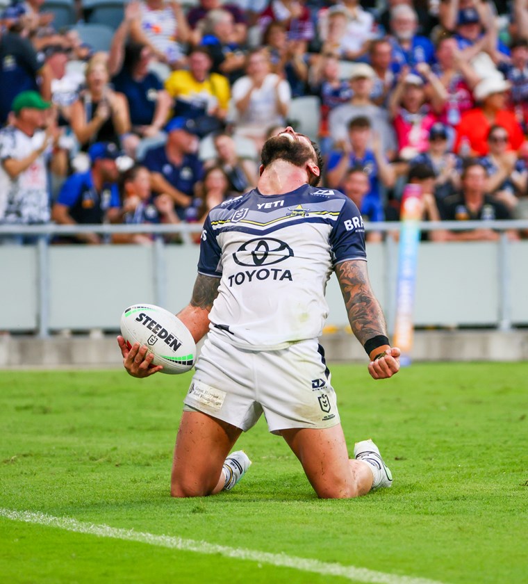 Kyle Feldt celebrates scoring try 131.