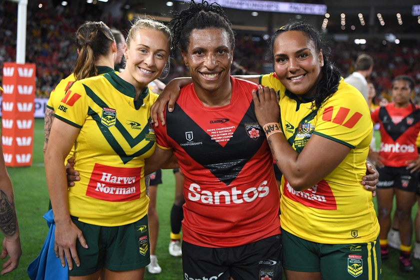 PNG Orchids captain Elsie Albert with fellow Parramatta Eels players Abbi Church and Mahalia Murphy.