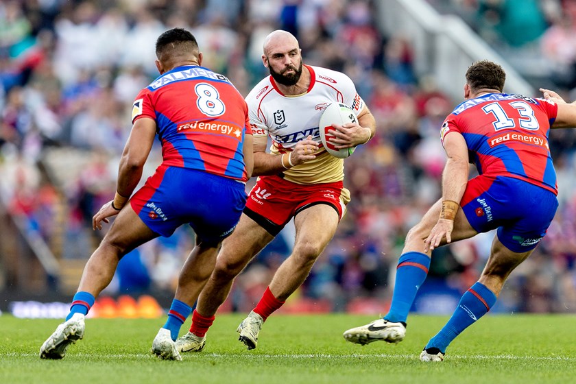 Mark Nicholls with the ball for the Dolphins against Newcastle in Round 27 of 2024.