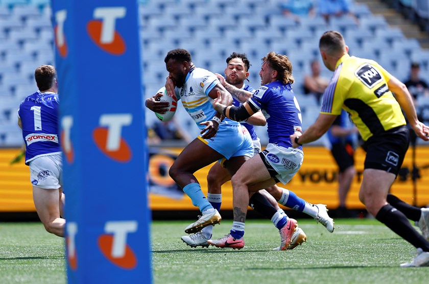 Jeremiah Simbiken on the charge for Norths Devils against Newtown Jets during the NRL State Championship.