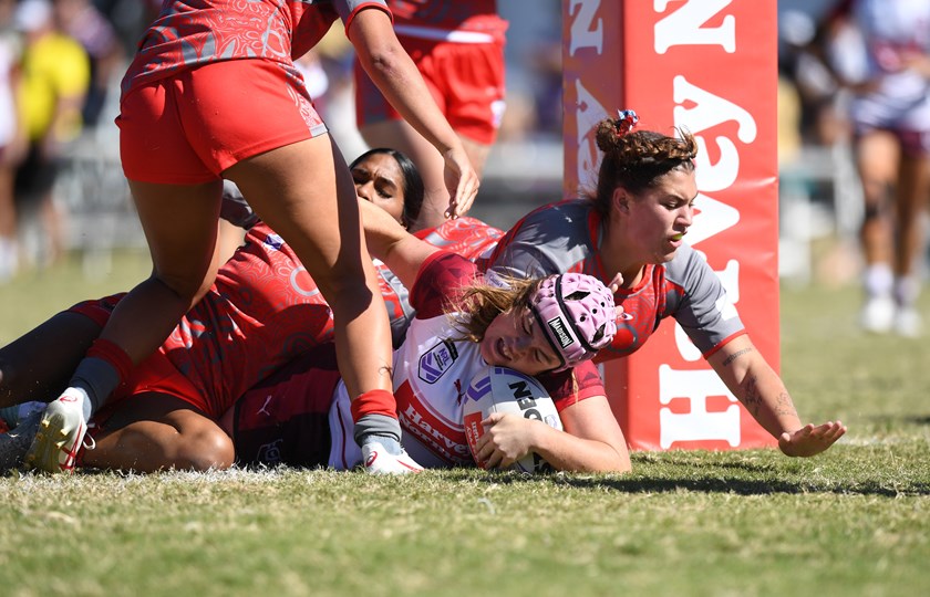 Rilee Jorgensen scores the opening try for the Queensland Rubys against First Nations Gems.