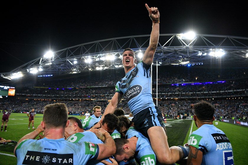 Jack Wighton celebrates the Blues' 2019 series victory.