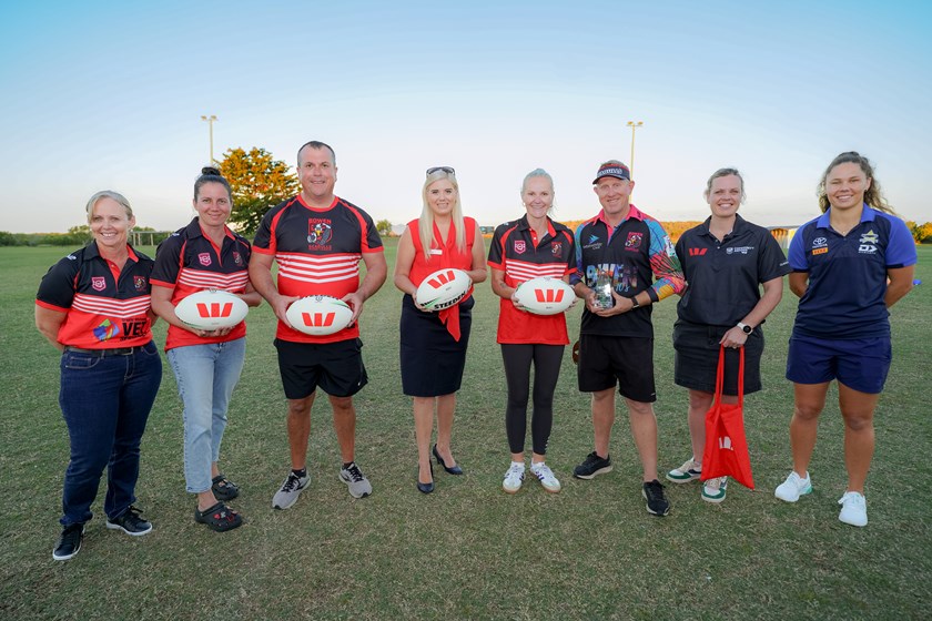 Community Rugby League Club of the Year Award winners Bowen Seagulls join Fran Blackburn (Westpac), Nicola Skinner (GM Community Programs and Tahlulah Tillett (North Queensland Cowboys).