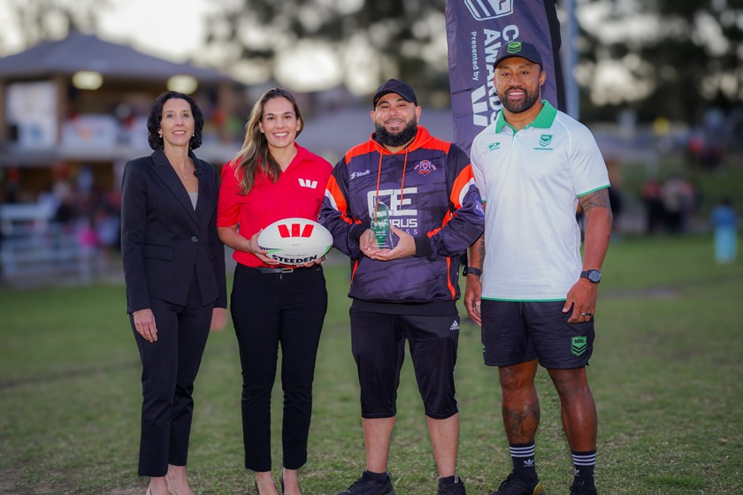 Volunteer of the Year award winner Khalil Kouayder with Tain Drinkwater (Executive General Manager – Operations & Technology), Donna van Aspen (Westpac) and Roy Asotasi (NRL Ambassador).