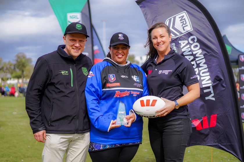 Mary Longstaff receives the NRL’s Women in League Award from  Brent Silva (General Manager NRL Vic and SA) and Fiona Cerboneschi (Head of Elite Women’s Football).