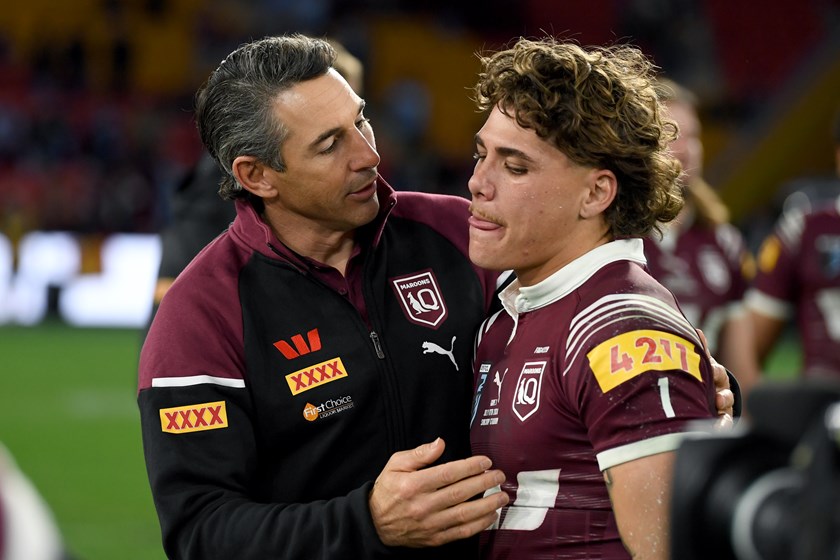 Coach Billy Slater consoles Reece Walsh.