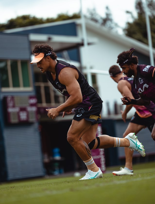 Kotoni Staggs during Broncos pre-season training.