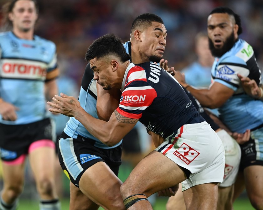 Tuku Hau Tapuha in action against the Roosters during Magic Round.