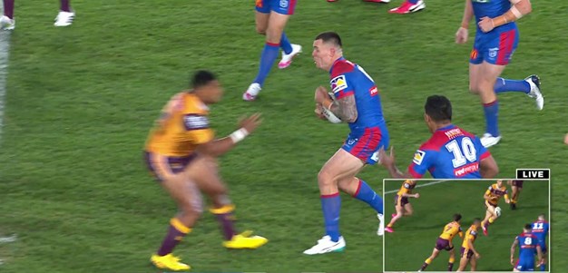 Pangai flies out of the line to meet Klemmer