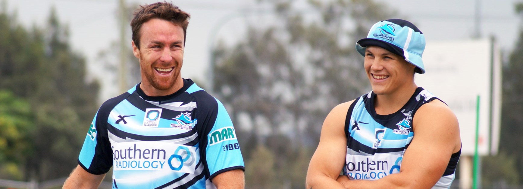 New Sharks recruits James Maloney and Josh Cleeland in pre-season training.