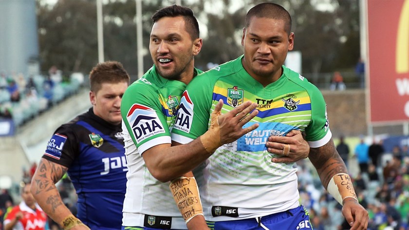 Canberra Raiders duo Jordan Rapana and Joey Leilua.