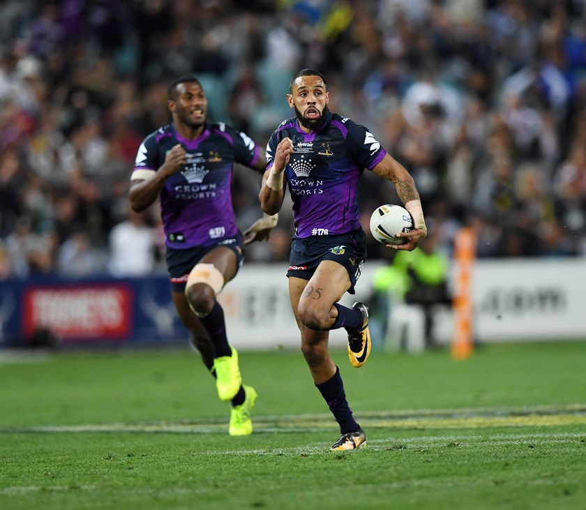 Melbourne Storm wingers Suliasi Vunivalu and Josh Addo-Carr. 