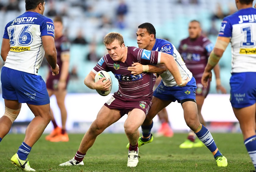 Manly lock Jake Trbojevic takes on the Bulldogs.