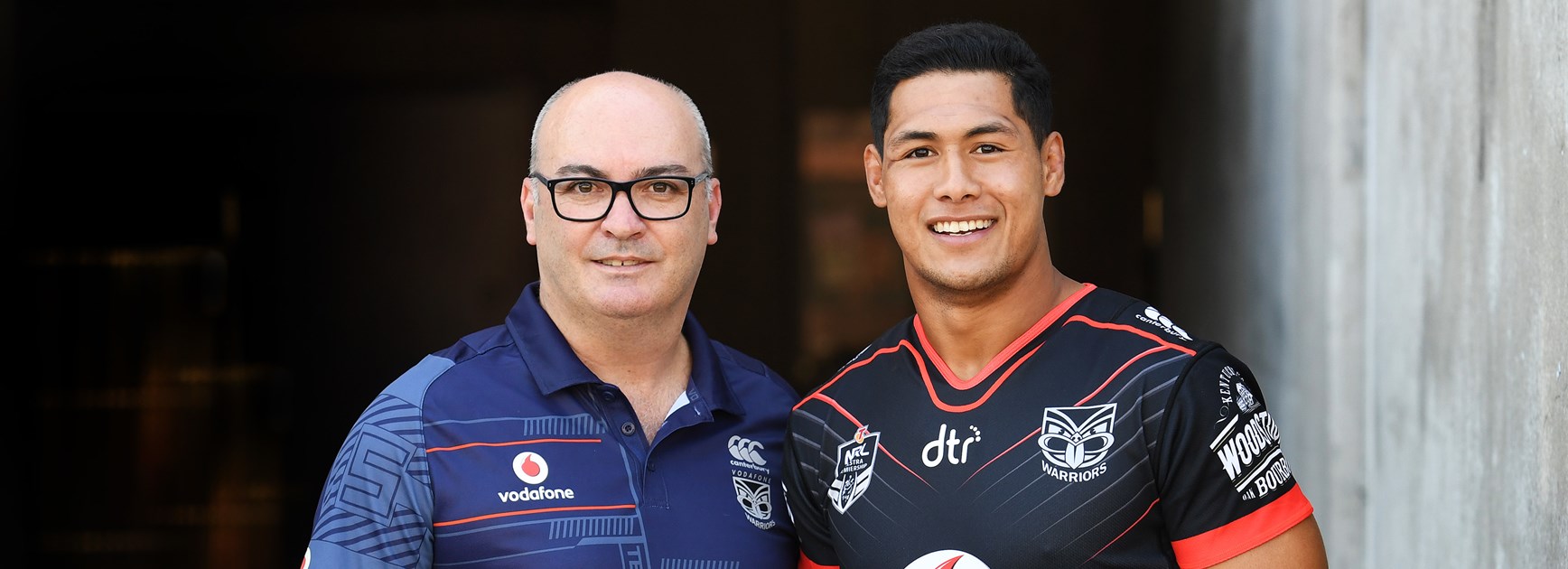 Cameron George and Warriors skipper Roger Tuivasa-Sheck.