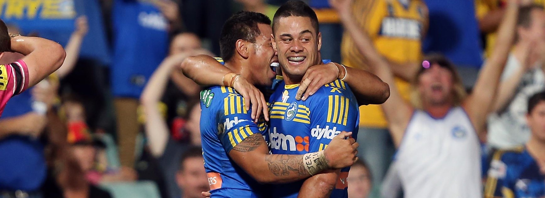 Jarryd Hayne celebrates a try for the Eels in 2014.