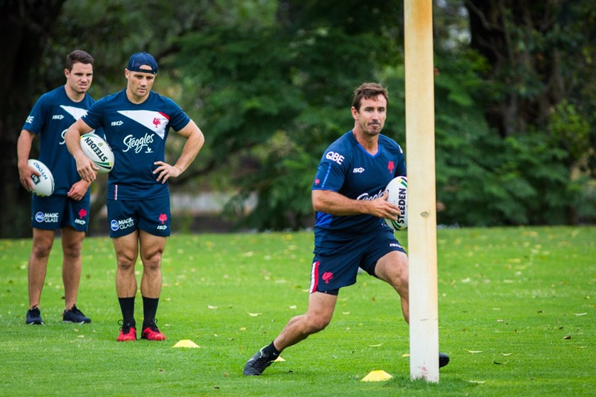 Andrew Johns with Cooper Cronk at Sydney Roosters training.