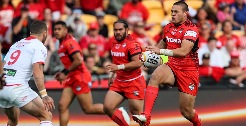 Tuimoaloa Lolohea in action for Tonga at the 2017 World Cup.