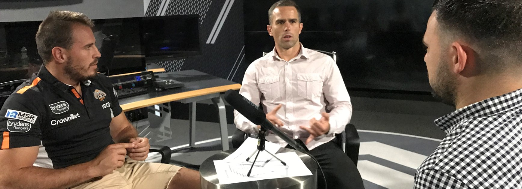 Josh Reynolds, Steve Turner and Michael Chammas during the recording of their NRL podcast.