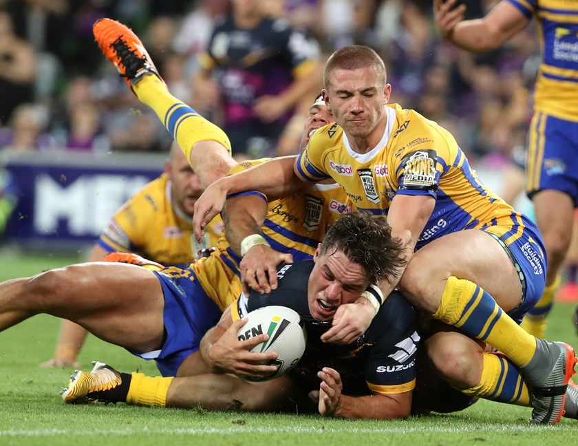 Melbourne No.7 Brodie Croft scores against Leeds.