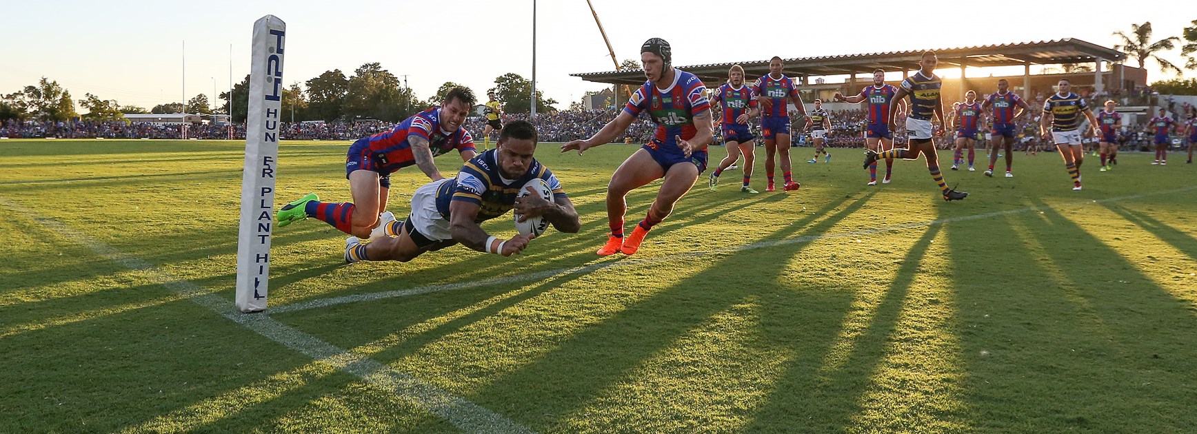 Josh Hoffman scores for Parramatta against Newcastle.