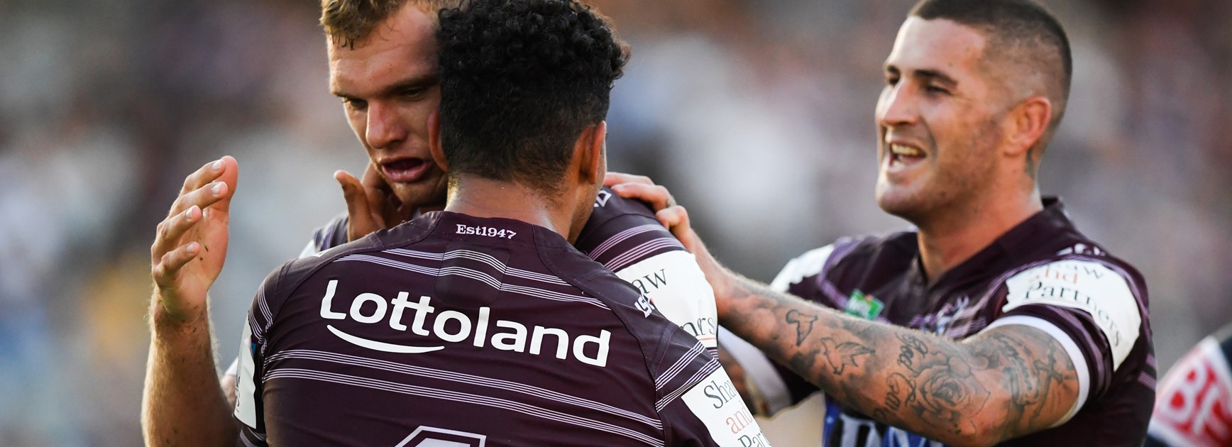 Tom Tbrojevic celebrates a Manly try.