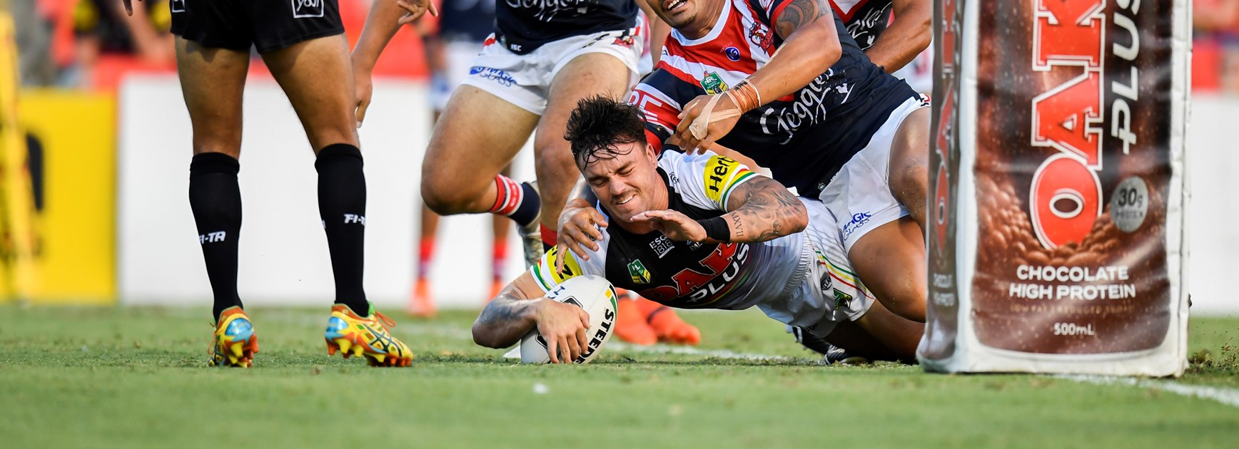 Wade Egan scores for Penrith against the Roosters.