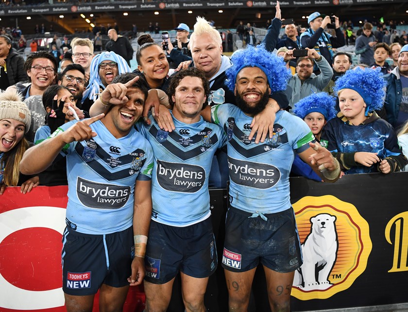 NSW Blues trio Tryone Peachey, James Roberts and Josh Addo-Carr.