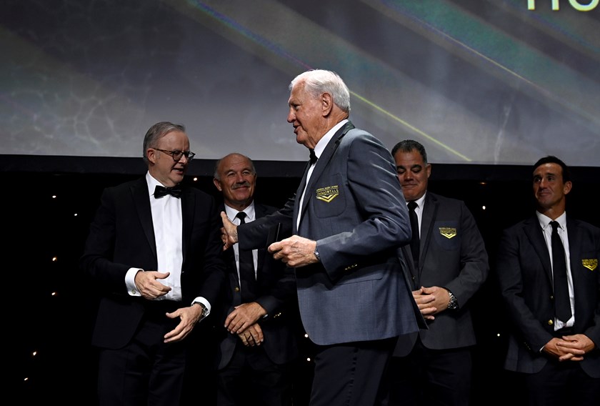 Ron Coote is congratulated by PM Anthony Albanese after joining Wally Lewis, Mal Meninga and Andrew Johns as an Immortal.