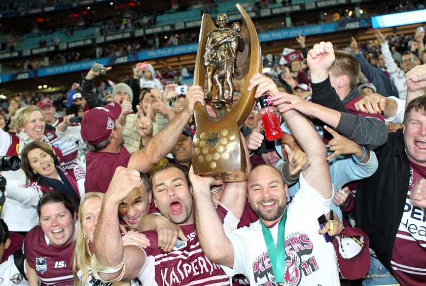 Brett Stewart and brother Glenn celebrate Manly's 2011 premiership.