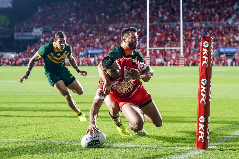 Daniel Tupou scores a try for Tonga.