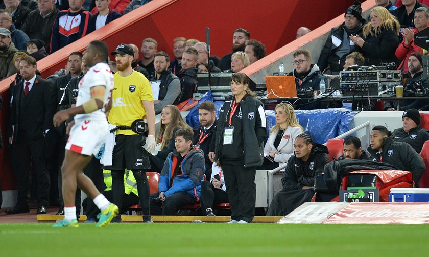 Nadene Conlon keeps a close eye on the Kiwis on the sideline at Anfield.