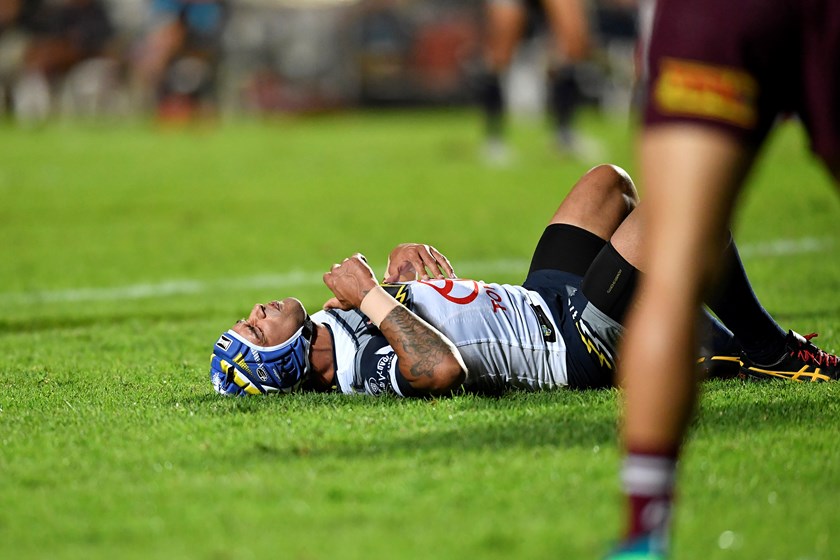 Cowboys captain Johnathan Thurston after he was hit late by Jack Gosiewski.