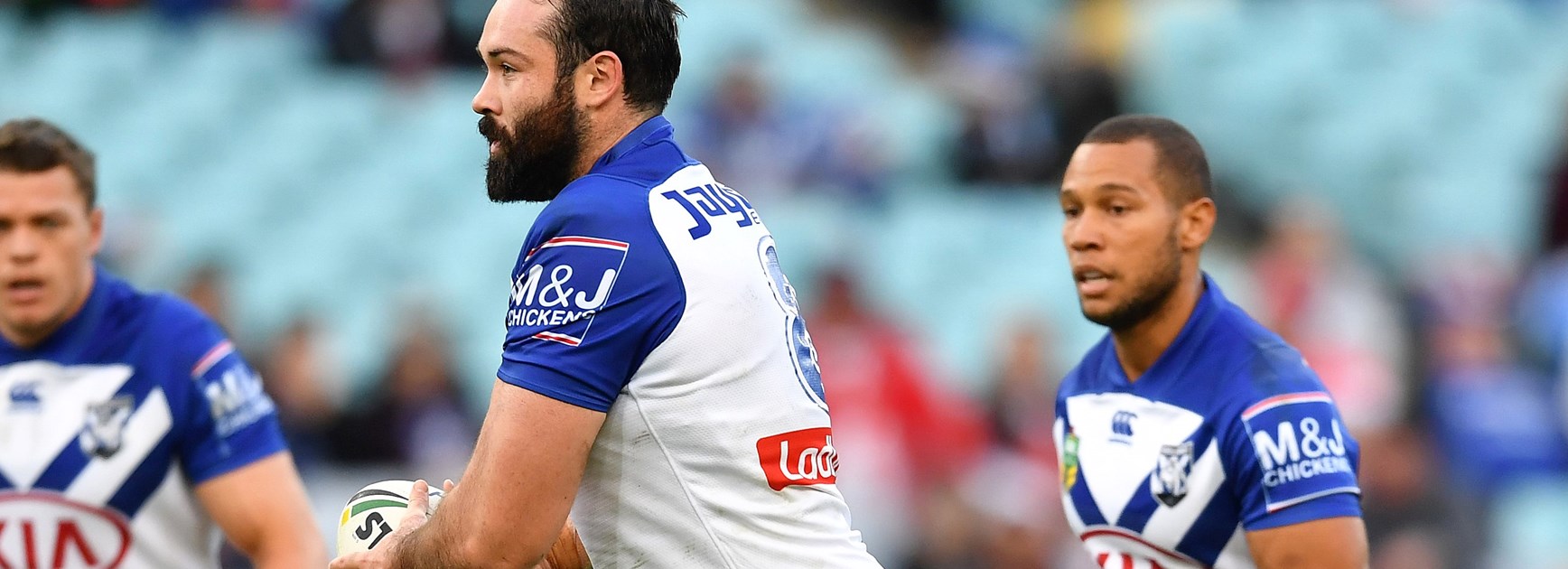 Former Bulldogs Aaron Woods and Moses Mbye.