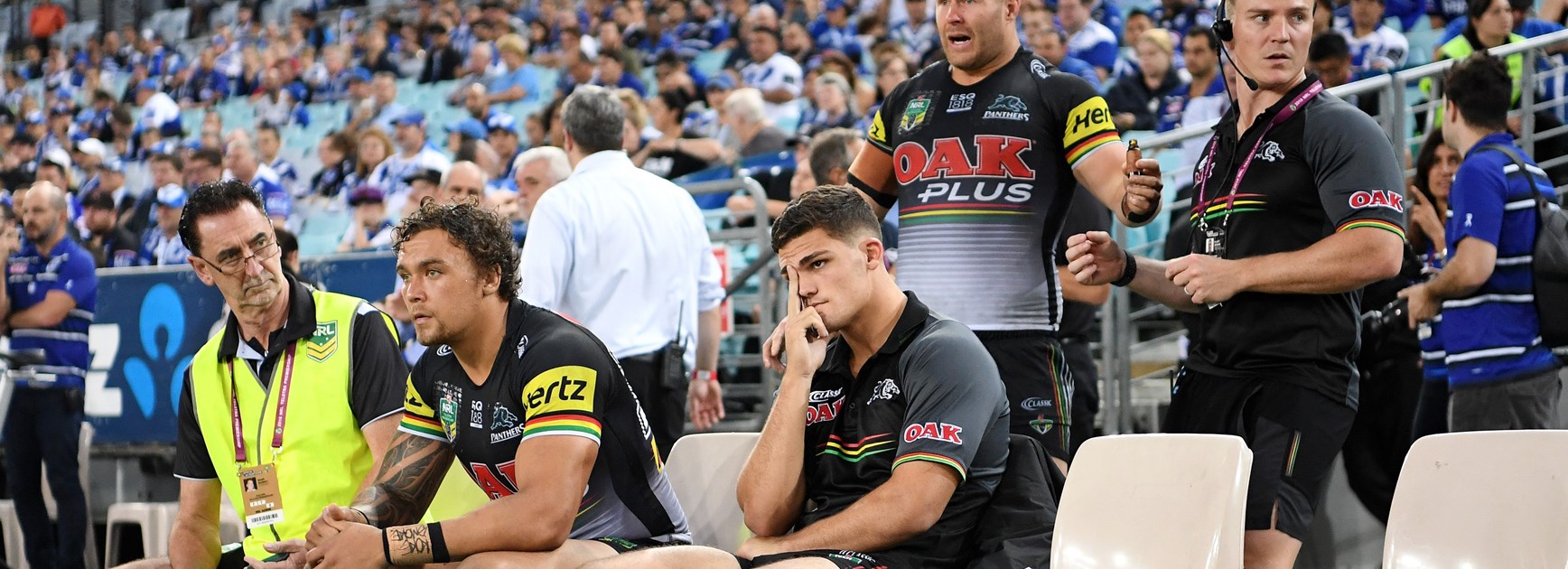 Panthers halfback Nathan Cleary ices his injured knee.