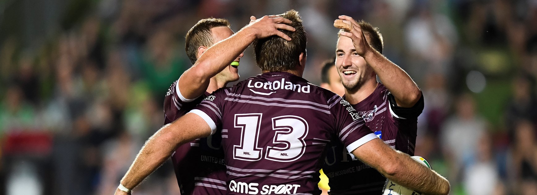 Manly celebrate lock Jake Trbojevic's try.