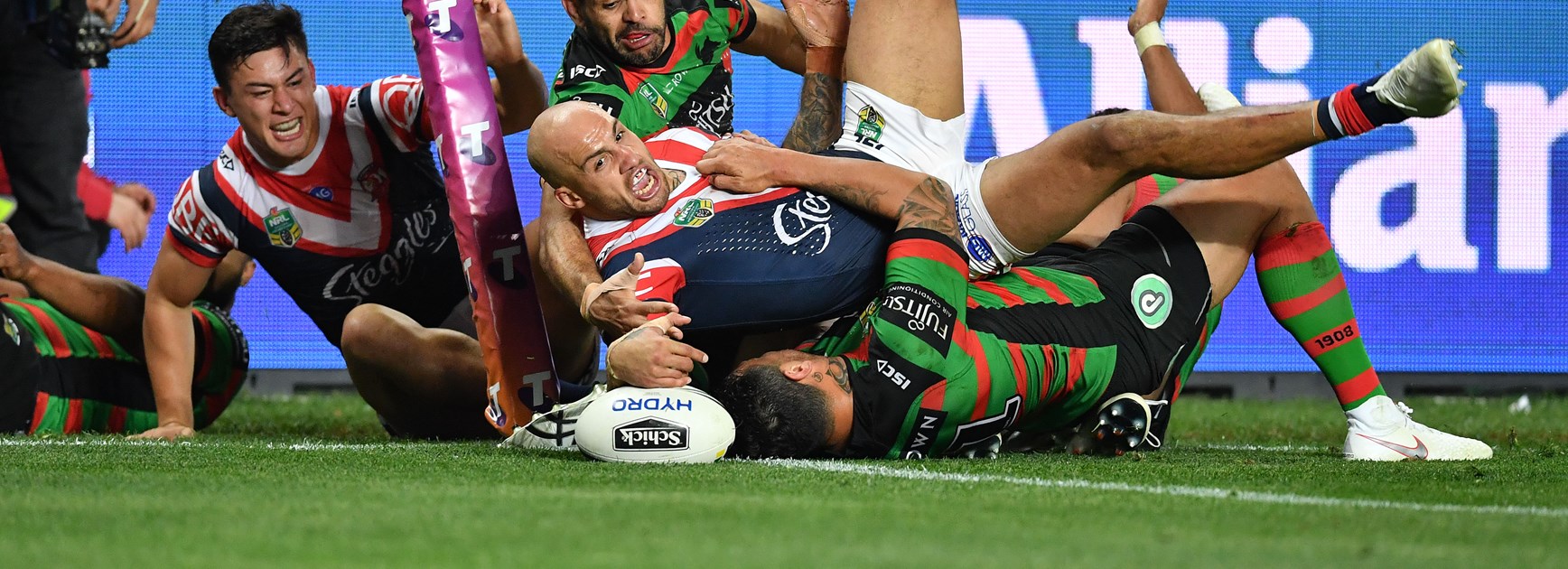 Blake Ferguson scores for the Roosters.