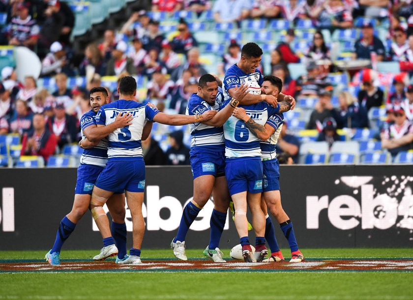 The Bulldogs celebrate a try in the Intrust Super Championship.