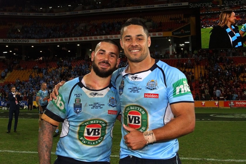 Nathan Peats with Blues teammate Jarryd Hayne.