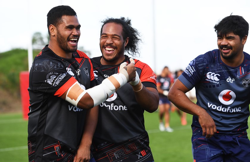 Sam Lisone, Agnatius Paasi and James Bell at Warriors training.