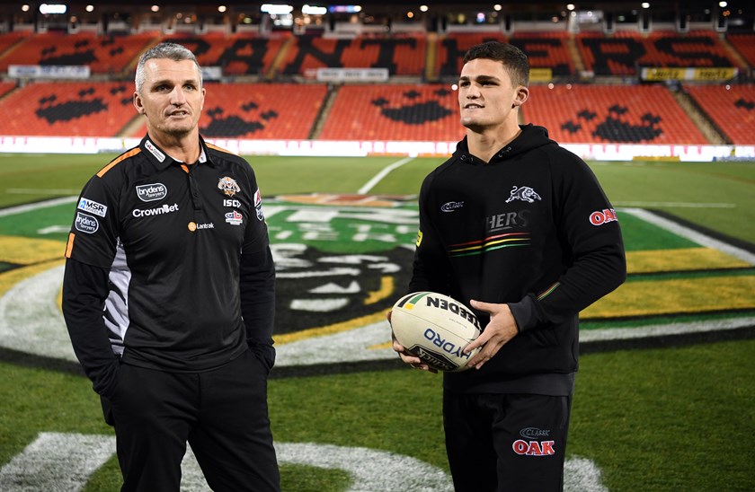 Ivan Cleary and Nathan Cleary at the Wests Tigers v Penrith game in 2018 at Panthers Stadium.