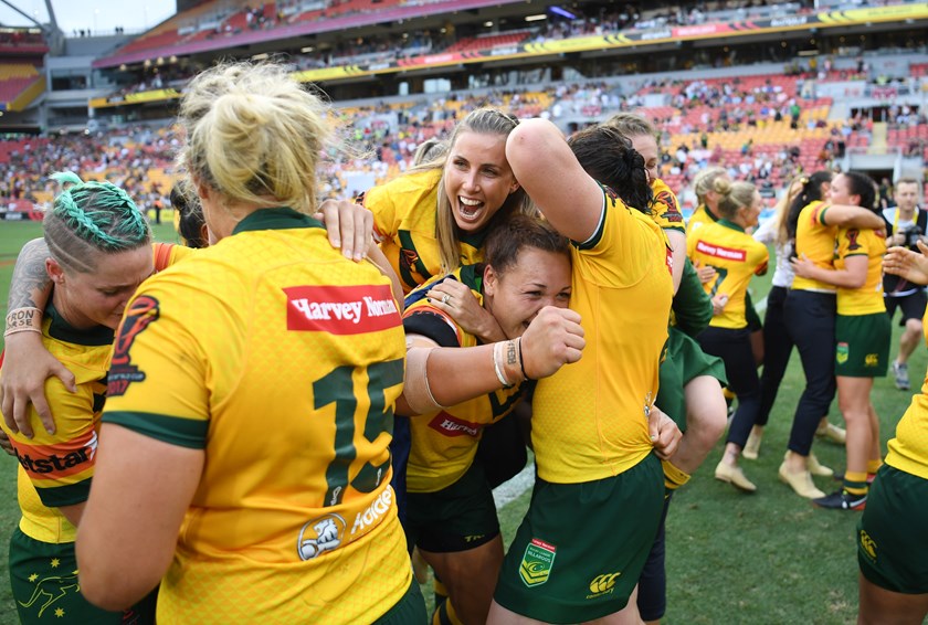 Sam Bremner joins the Jillaroos celebrations after the World Cup final.