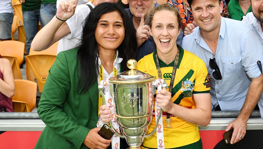 Vanessa Foliaki and Karina Brown after the Jillaroos' World Cup win.